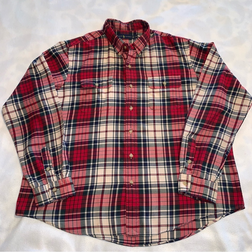 Ralph Lauren Men’s Button Down Plaid Shirt XXL Red Green Blue Cream Preppy